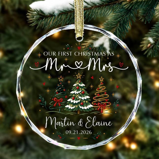 Personalized First Christmas Couple Glass Ornament with Christmas Trees and Hearts