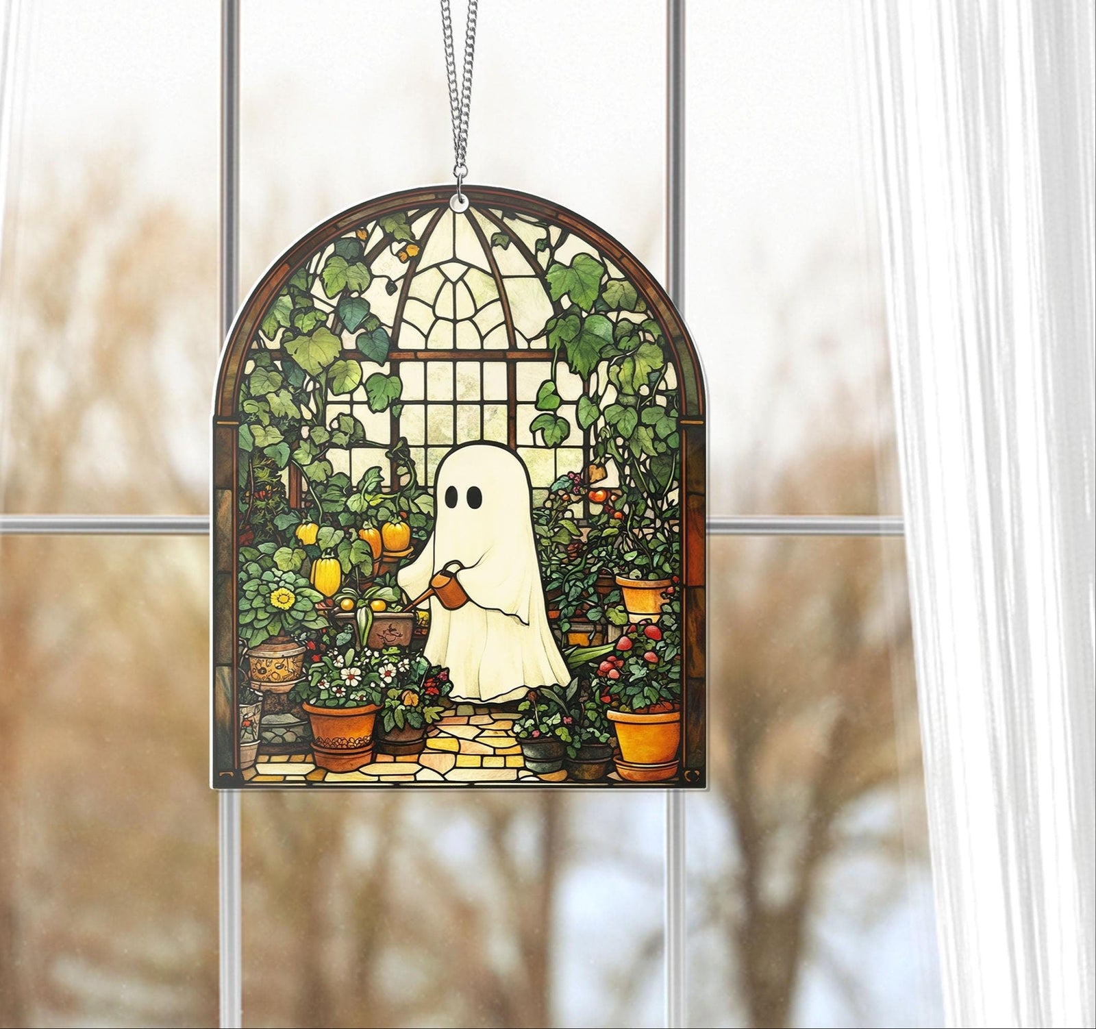 Cute Ghost Greenhouse Suncatcher Ornament, Halloween Ghost Acrylic Window Hangings, Plant Lovers Gift, Halloween Home Decor, Gift For Mom