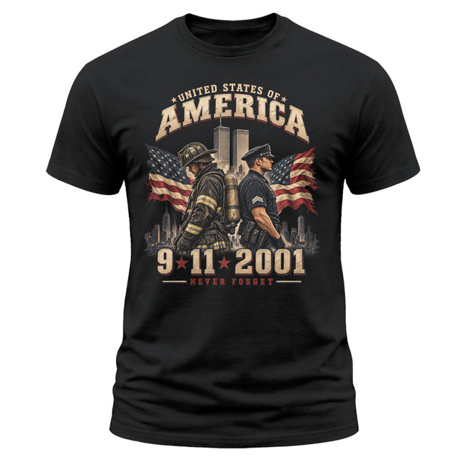 9/11 Never Forget Firefighter Police Officer Patriot Day Memorial T-Shirt