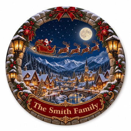 Personalized Santa Sleigh Christmas Round Doormat Snowy Village Family Name Rug
