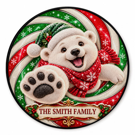 Personalized Christmas Doormat Cute Polar Bear Family Name Round Rug
