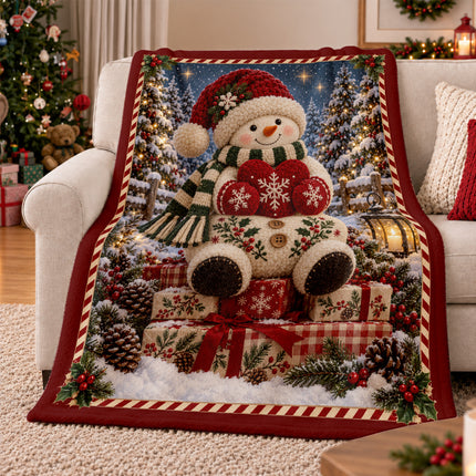 Christmas Fleece Blanket with Cozy Snowman Heart