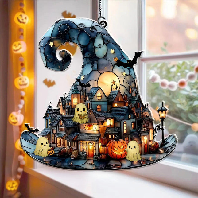 Witch Hat Village Acrylic Suncatcher, Halloween Town Faux Stained Glass Window Hanging,Spooky Home Decor For Halloween,Cute Ghost Suncatcher - Charming Present