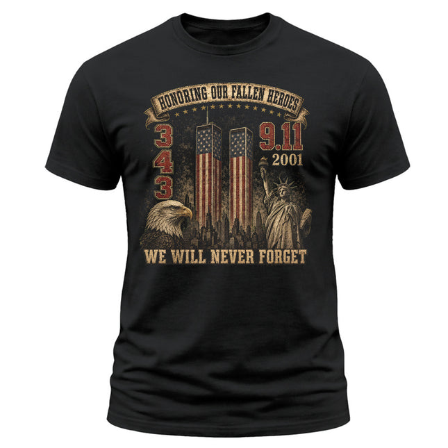 9/11 Never Forget Honoring Fallen Heroes 343 Patriot Day Memorial T-Shirt