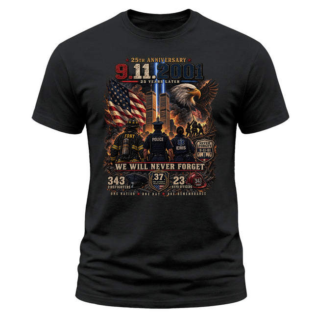 25th Anniversary Patriot Day 911 First Responders Never Forget Memorial T-Shirt