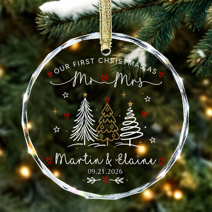 Personalized First Christmas Together Line Art Christmas Trees Couple Glass Ornament