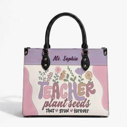 Personalized Teacher Leather Handbag Plant Seeds Floral
