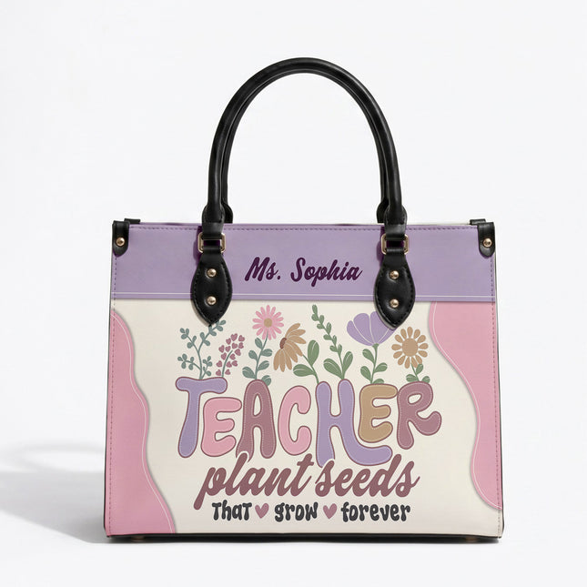 Personalized Teacher Leather Handbag Plant Seeds Floral