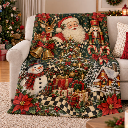 Vintage Santa Christmas Fleece Blanket Nutcracker Reindeer Snowman