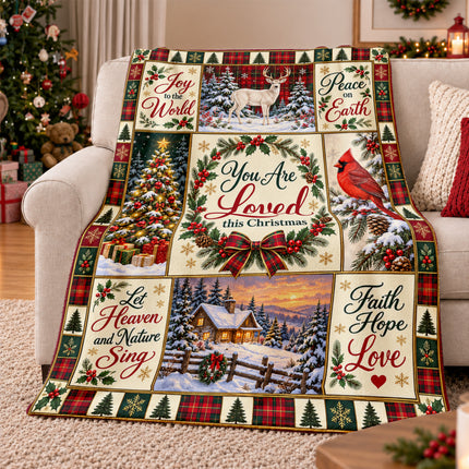Christian Christmas Fleece Blanket You Are Loved Holiday Patchwork