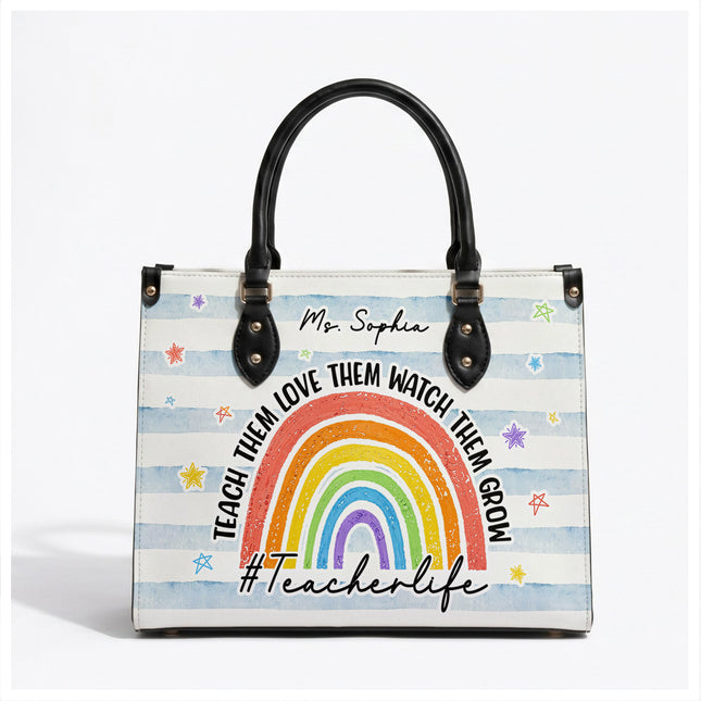Personalized Teacher Leather Handbag Rainbow Watch Them Grow