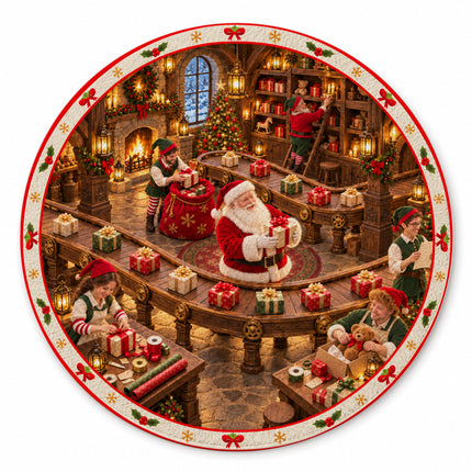 Christmas Gift Wrapping Round Rug Santa Workshop Doormat