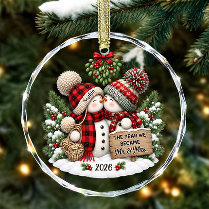 Personalized Snowman Couple First Christmas Together Glass Ornament