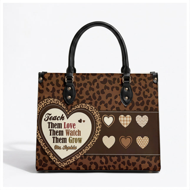 Personalized Teacher Leather Handbag Leopard Print Heart