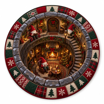 Christmas Round Doormat with Cozy Gnome Fireplace