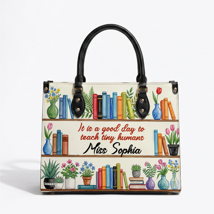 Personalized Teacher Leather Handbag Bookshelf Plants Tiny Humans
