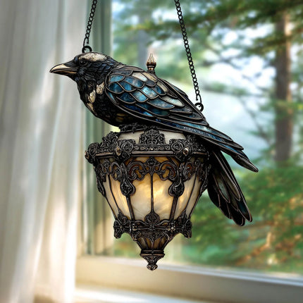 Raven Gothic on Lantern 2D Acrylic Suncatcher – Faux Stained Glass Halloween Crow on Lamp, Halloween Decor for Dark Academia Home - Charming Present