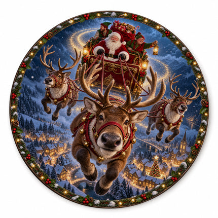 Santa Reindeer Christmas Round Rug Flying Sleigh Holiday Doormat