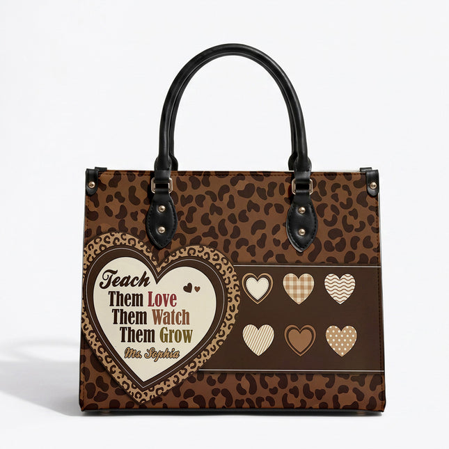 Personalized Teacher Leather Handbag Leopard Print Heart