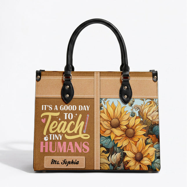 Personalized Teacher Leather Handbag Sunflower Teach Tiny Humans