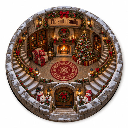 Personalized Christmas Round Doormat Cozy Fireplace Snowman Family Name Rug