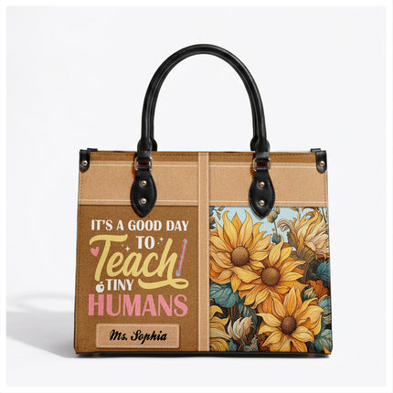 Personalized Teacher Leather Handbag Sunflower Teach Tiny Humans