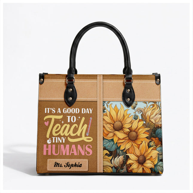 Personalized Teacher Leather Handbag Sunflower Teach Tiny Humans