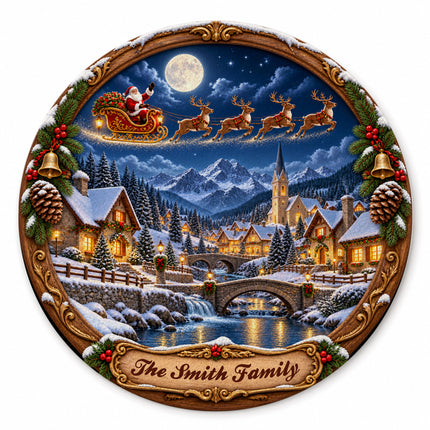 Personalized Christmas Village Round Doormat Santa Sleigh Moonlit Family Name Rug