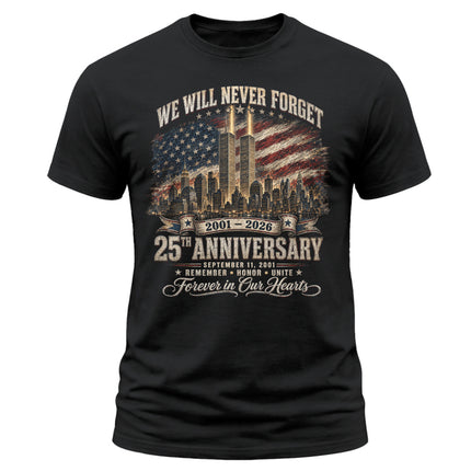 9/11 25th Anniversary Never Forget Patriot Day Memorial American Flag T-Shirt