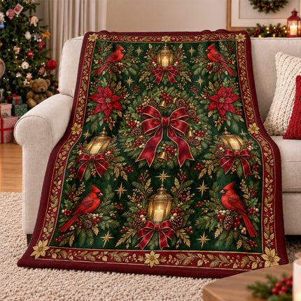 Christmas Fleece Blanket with Cardinal Lantern Wreath