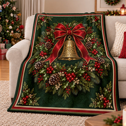 Christmas Fleece Blanket with Vintage Bell Wreath