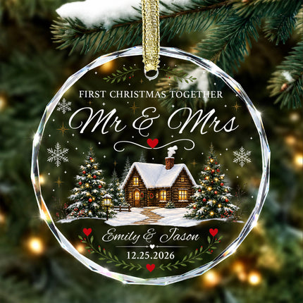Personalized First Christmas Together Snowy Cabin Couple Glass Ornament