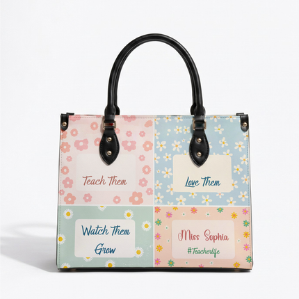 Personalized Teacher Leather Handbag Pastel Floral Color Block