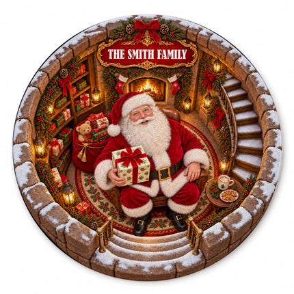 Personalized Santa Christmas Round Doormat Cozy Fireplace Family Name Rug
