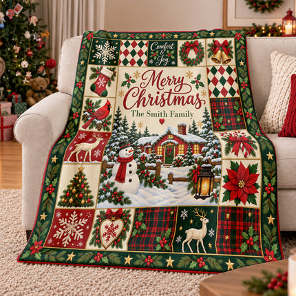 Personalized Family Christmas Fleece Blanket Snowman Winter Cottage