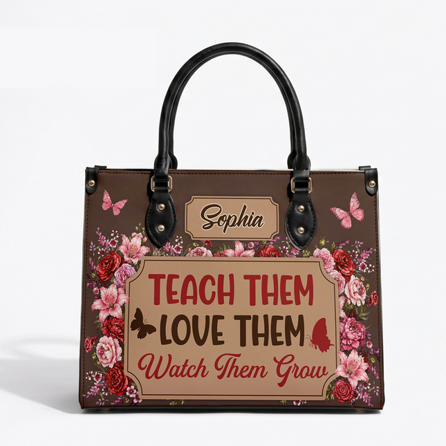 Personalized Teacher Leather Handbag Floral Teach Love Grow