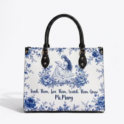 Personalized Teacher Leather Handbag Blue Floral Vintage Reading