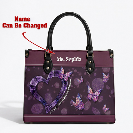 Personalized Teacher Leather Handbag Purple Gemstone Heart
