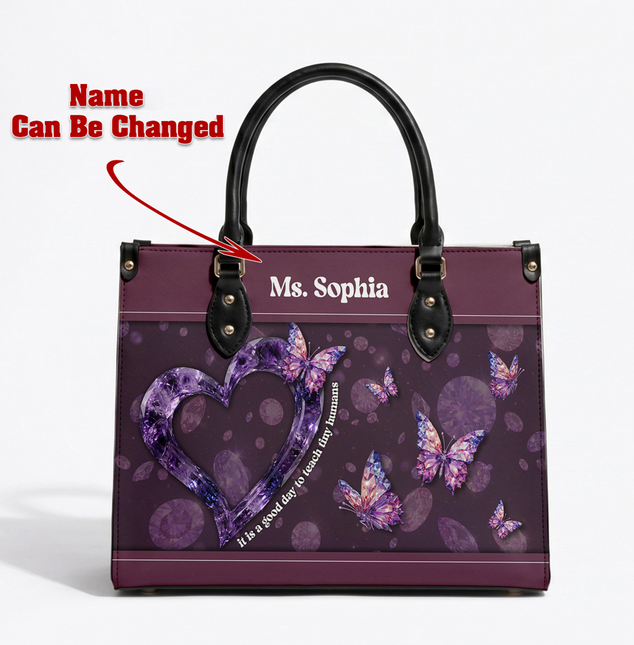 Personalized Teacher Leather Handbag Purple Gemstone Heart