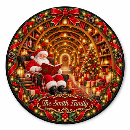 Personalized Christmas Doormat Santa Reading Family Name Round Rug