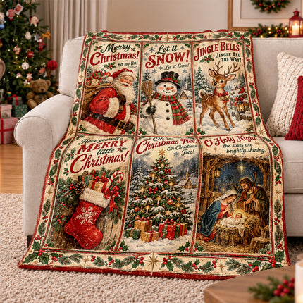 Christmas Nativity Fleece Blanket Vintage Santa Snowman Holiday Scenes