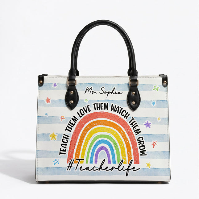 Personalized Teacher Leather Handbag Rainbow Watch Them Grow