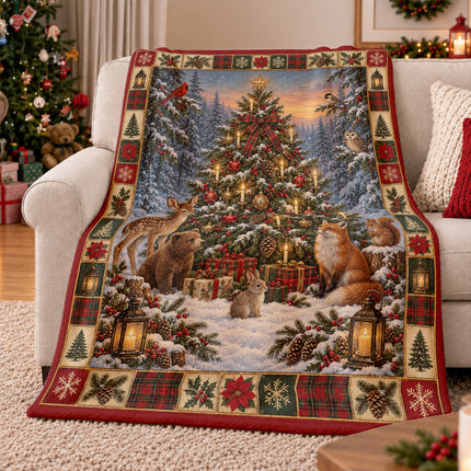 Woodland Animals Christmas Fleece Blanket Candlelit Winter Forest