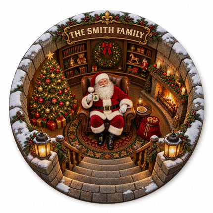 Personalized Santa Christmas Round Doormat Cozy Fireplace Family Name Rug