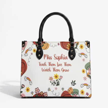 Personalized Teacher Leather Handbag Boho Floral Teach Love Grow