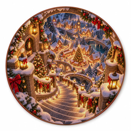 Christmas Village Round Rug Snowy Stairway Holiday Doormat