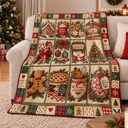 Christmas Gingerbread Patchwork Fleece Blanket Cozy Cocoa and Cookies