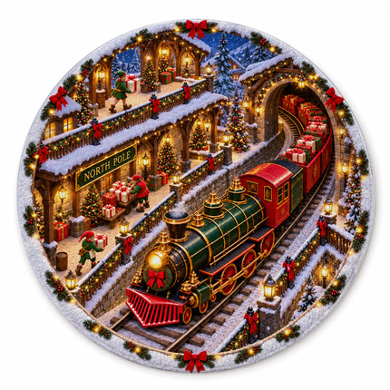 North Pole Christmas Train Round Rug Holiday Gift Express Doormat