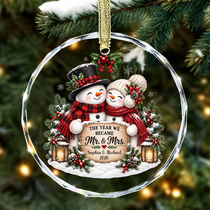 Personalized Newlywed Snowman First Christmas Glass Ornament