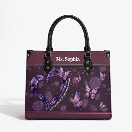 Personalized Teacher Leather Handbag Purple Gemstone Heart